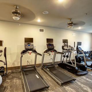 A well-equipped indoor gym featuring multiple treadmills and exercise machines.