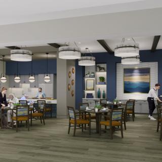 A modern restaurant dining area with stylish furniture and decor.