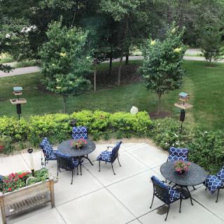 A serene outdoor patio setting with blue chairs and tables, surrounded by lush greenery.