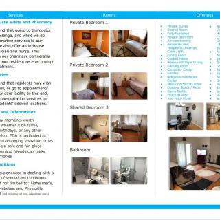 A real estate brochure displaying a detailed listing of an apartment with descriptions and images of bedrooms, a bathroom, a living room, and kitchen amenities.