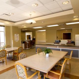 A spacious dining area with several tables and chairs, decorated with a small plant in the center.