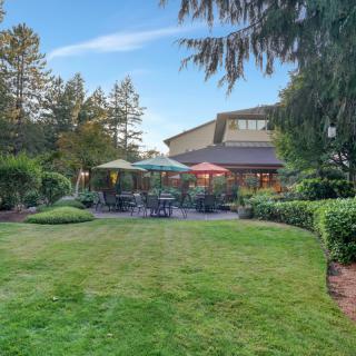 A tranquil garden setting with outdoor seating and colorful umbrellas on a grassy lawn.