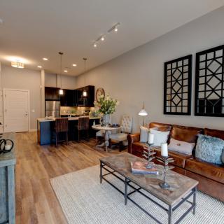 A modern open floor plan living room and kitchen area with stylish furniture and decor.