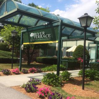 The entrance of a building with a glass canopy surrounded by vibrant flowers and greenery.