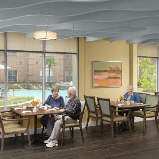 Elderly individuals enjoying a meal in a spacious dining room with large windows and a pleasant atmosphere.