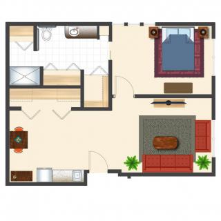 A floor plan of a one-bedroom apartment featuring a living room, kitchen, and bathroom.
