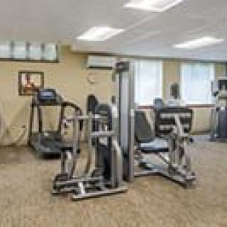 A gym room equipped with various fitness machines, including a treadmill and weightlifting equipment.