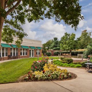 A landscaped garden area with a path and flowers, adjacent to a building.
