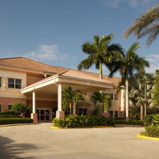 A building entrance surrounded by palm trees and a landscaped driveway.