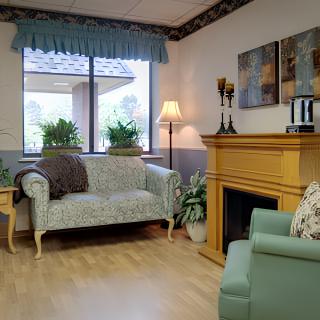 A cozy living room with a sofa, fireplace, and decorative plants.