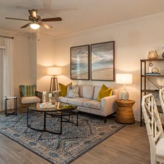 A cozy living room featuring a sofa with decorative pillows, a coffee table on a patterned rug, and elegant wall art.