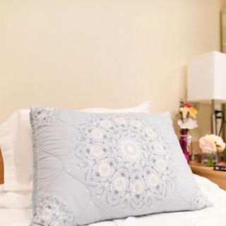 A cozy bedroom with a decorative pillow and a bedside lamp.