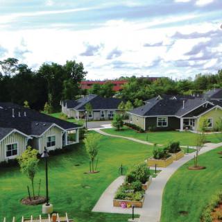 A picturesque suburban neighborhood with green lawns and winding pathways.