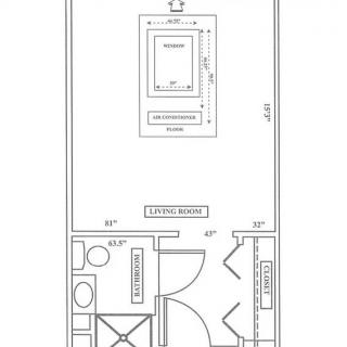 Blueprint of a room layout showing furniture placement and dimensions.