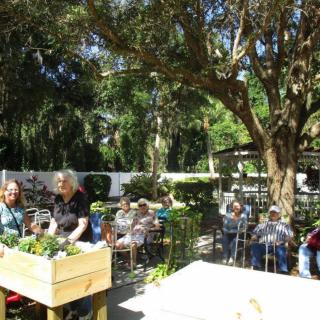 A lively outdoor restaurant garden with people enjoying a sunny day.