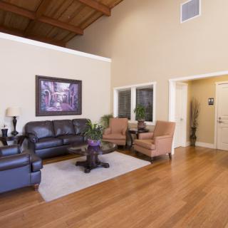 A spacious living room with modern furniture and elegant decor.