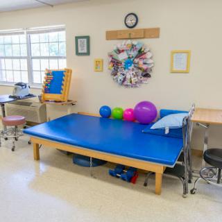 A well-equipped therapy room featuring a blue exercise mat and colorful therapy balls.