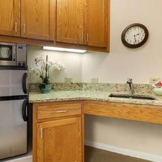 A small kitchen area with wooden cabinets, a granite countertop, and a sink. A clock is mounted on the wall above, and an orchid plant decorates the counter next to a mini refrigerator.