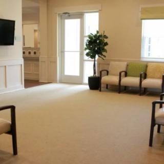 A spacious waiting room with chairs, a television, and a potted plant.