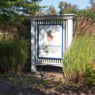 A sign in a garden setting featuring a pineapple design, surrounded by lush greenery.