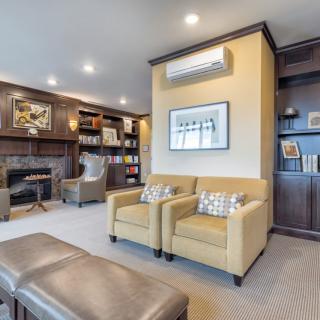 A modern living room with comfortable seating, a fireplace, and built-in bookshelves.