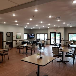 A spacious and modern dining area, designed for comfort and community gatherings.