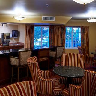 A cozy lounge area with striped chairs and a bar counter, featuring large windows.