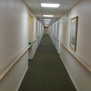 A long, well-lit hallway with green carpet and framed pictures on the walls.