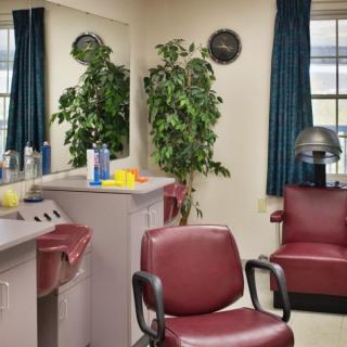 A quaint barbershop interior with red chairs and mirrors, featuring a potted plant for decor.