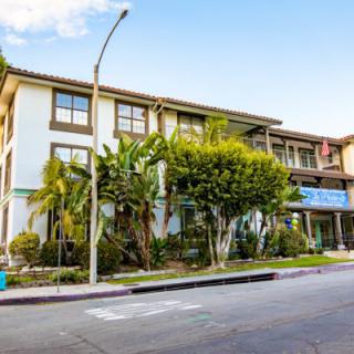 A three-story building with lush greenery along a quiet urban street.