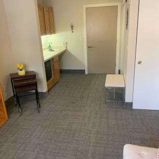 A minimalist room interior featuring carpet flooring, a door, and simple furniture.