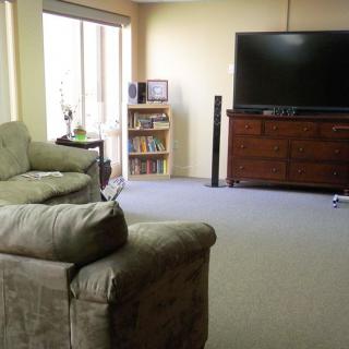 A cozy living room with a sofa, television, bookshelf, and carpeted floor.