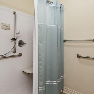 An accessible bathroom shower equipped with grab bars and a handheld showerhead for safety and convenience.