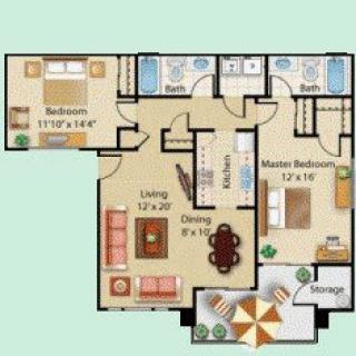 A floor plan of a two-bedroom apartment featuring a living room, kitchen, two bathrooms, and a balcony.