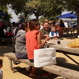 A lively outdoor picnic scene with friends and family enjoying food together.