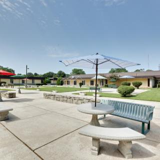 A serene outdoor courtyard featuring tables, benches, and lush landscaping under a clear blue sky.