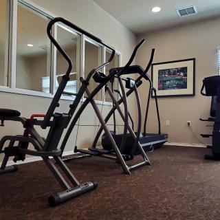 A small gym room equipped with treadmills and ellipticals.