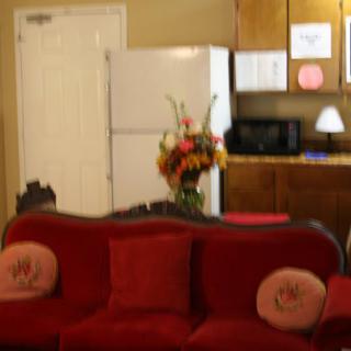 A cozy living room with a red sofa and floral arrangement, adjacent to a kitchen area.
