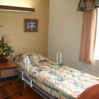 A cozy hospital room featuring a patient bed, a floral arrangement, and natural light from the window.