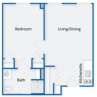 A floor plan of a one-bedroom apartment with a living/dining area, kitchenette, and bathroom.