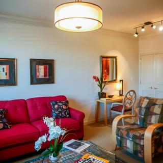 A cozy living room with a red sofa, patterned armchair, and elegant decor.