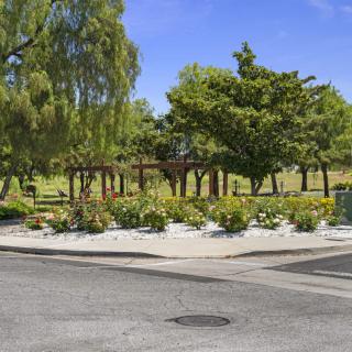 A sunny day at a landscaped park corner with lush greenery.