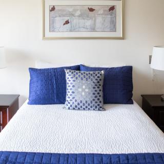 A neatly made bed with blue and white bedding, accompanied by a decorative pillow, flanked by nightstands and lamps, with framed artwork above.