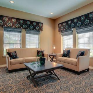 A cozy living room with two sofas and a central coffee table, adorned with elegant curtains and patterned carpet.