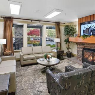 A cozy living room with a fireplace, comfortable seating, and a television, bathed in natural light from large windows.