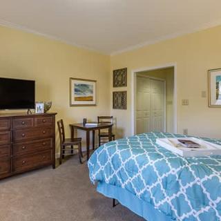 A cozy bedroom featuring a blue-patterned bedspread, a dresser with a television, and framed artwork on light yellow walls.