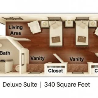 Floor plan of a Deluxe Suite measuring 340 square feet, featuring a living area, bedroom with two beds, vanities, closets, and a bathroom.