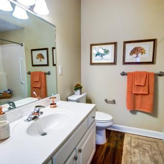 A neatly arranged bathroom with a large mirror, sink, and orange towels hanging on the wall.