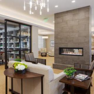 A modern living room with a central fireplace and stylish seating area.