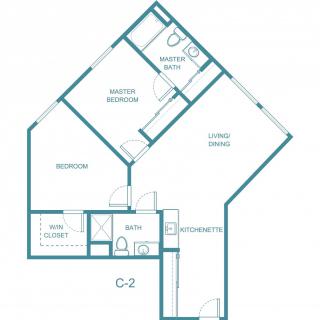 A one-bedroom apartment floor plan featuring a kitchen, living room, and bathroom.